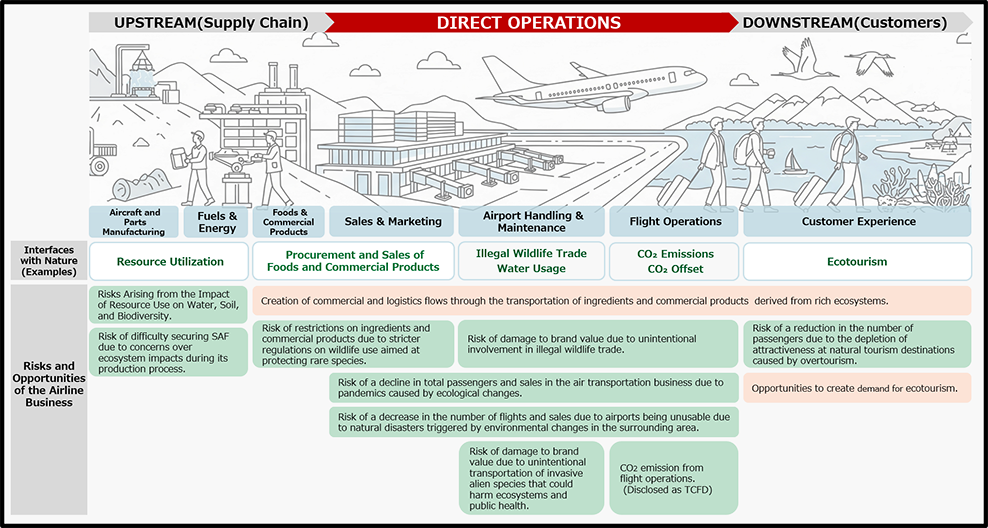 Examples of Interfaces with Nature and Risks and Opportunities along the value chain of the airline business