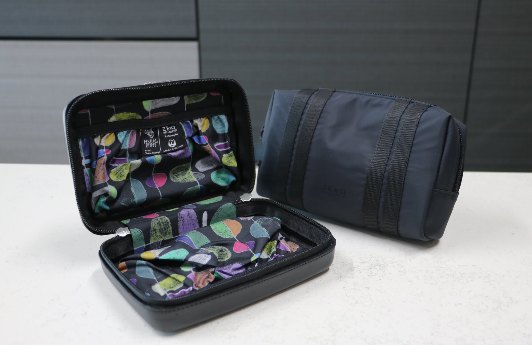Artwork featured on First Class in-flight amenities for international flights (4 variations)