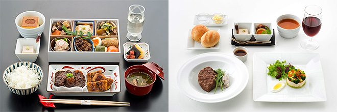 機内食イメージ（左／和食、右／洋食（牛肉料理））