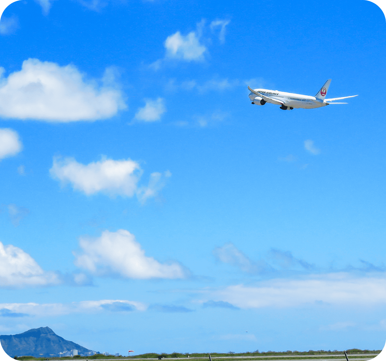 An airplane flying in the blue sky.