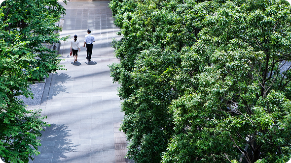 Two people walking on a tree-lined street.