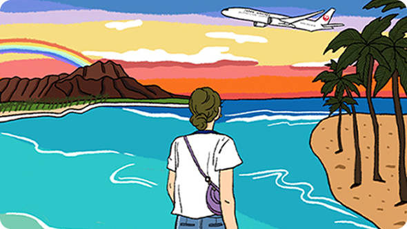 An illustration of Hawaii’s sea, mountains, rainbow, an airplane, and people.