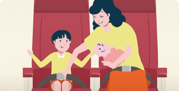 機内に着席しながら隣の幼い男の子のシートベルトを締める女性のイラスト