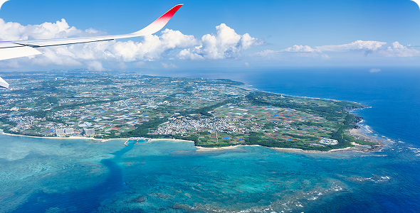 上空から見た島と飛行機の翼